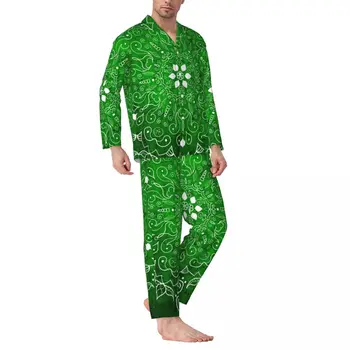 Пижамный комплект с зеленой мандалой, Винтажная Мягкая пижама с цветочным принтом, мужская одежда с длинными рукавами, Повседневный Свободный домашний костюм из двух предметов на каждый день, Большой Размер