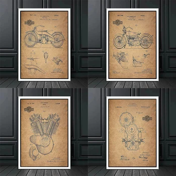 Плакат с эскизом дизайна мотоцикла, ретро английская патентная фигурка, крыльцо, кабинет, спальня, холст, картина, декор мужской комнаты, гостиная