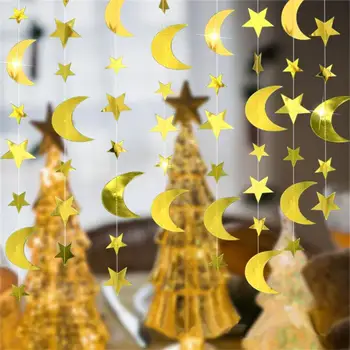 Планировка комнаты с цветами в Рамадан 2023 Синий Серебристый Золотой 2 м 4 м Декоративные флаги со Звездами и Лунами, украшенные блестками, Баннеры для праздничных вечеринок