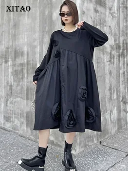 Платье XITAO с круглым вырезом и длинными рукавами, свободное повседневное модное лоскутное трехмерное украшение, осеннее женское новое платье ZZ0027