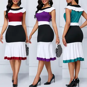 Платье Облегающее женское платье без рукавов с круглым вырезом, Офисное Женское платье с Гофрированным подолом, Цветным блоком, длиной до колен платье летнее vestido de mujer 2020