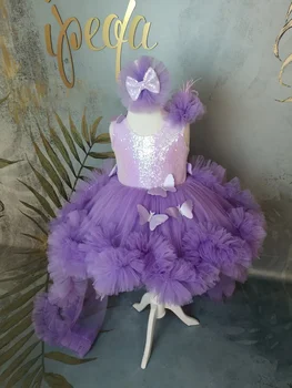 Платье с цветочным узором для девочек, пышное платье из фиолетового тюля с 3D бабочкой и бантом, детское платье для дня рождения принцессы, съемный хвост, бальное платье для первого причастия