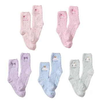 Плюшевые домашние носки Kuromi Pochacco Cinnamoroll с рисунком, Милые Теплые Утолщенные носки для сна с вышивкой для девочек