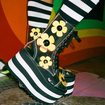 Прозрачные женские ботинки из ПВХ, фирменный дизайн, женская обувь с цветочным узором, женские ботинки на шнуровке с круглым носком, увеличивающие рост.
