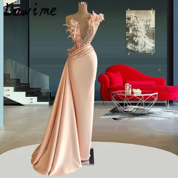 Простое Роскошное Розовое платье для выпускного вечера С перьями, V-образный вырез, Вечерние платья Русалки, Vestidos, Короткие платья