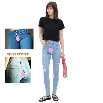 Рваные джинсы бойфренда для женщин, разрушенные джинсовые брюки с прямыми штанинами, Невидимая открытая промежность для секса на открытом воздухе, узкие потертые брюки