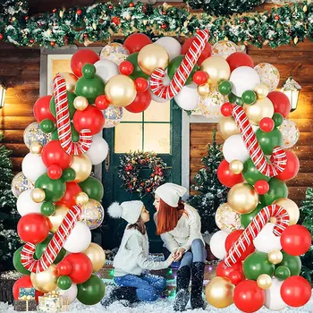 Рождественская красная и зеленая арка, венок, цепочка из воздушных шаров, Рождественская трость, атмосфера тематической вечеринки в канун Рождества, декоративные принадлежности
