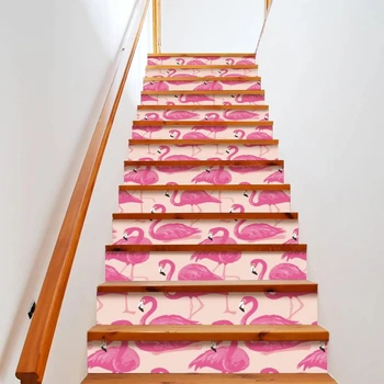 Розовые наклейки с фламинго, романтические наклейки с животными, наклейки на лестницу, Тропические птицы, листья, ступени, Стояки, Декор лестницы, Фрески