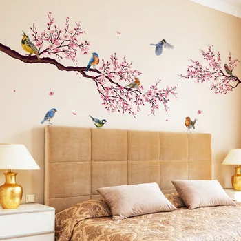 Розовые персиковые цветы, ветви птиц, цветочные наклейки на стены для спальни, мебель для гостиной, фоновые наклейки на стены, фрески ПВХ