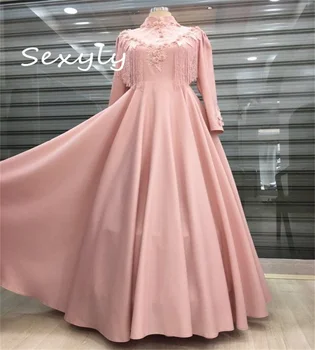 Роскошное розовое мусульманское вечернее платье 2023 с кисточкой из бисера, Элегантное платье с длинными рукавами и цветами, вечернее платье A Line Dubai Abaya, платье для выпускного вечера