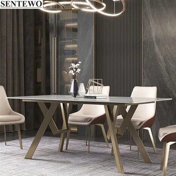 Роскошный обеденный стол из каменной плиты, набор из 6 обеденных стульев, Металлическая Титановая Золотая рама, стол из искусственного мрамора, Кухонная мебель кухонный стол