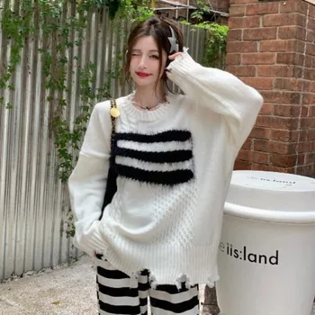 Свитер QWEEK Harajuku с дыркой, винтажный женский джемпер оверсайз, пуловеры в корейском стиле, вязаный женский элегантный японский стиль