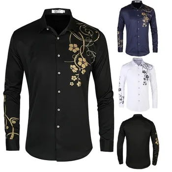 Стильная Черная рубашка с золотым цветочным принтом, мужская Весенняя новинка 2023, Приталенные мужские рубашки с длинным рукавом, Повседневная мужская рубашка для вечеринок