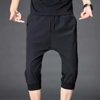 Стильные мужские укороченные брюки с карманами, простые укороченные брюки с эластичной резинкой на талии до середины щиколотки