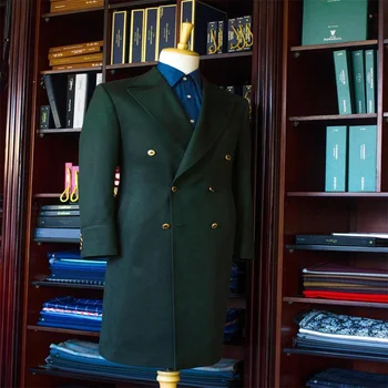Темно-Зеленое Длинное пальто Шерстяное пальто новейшего дизайна Приталенное деловое повседневное зимнее теплое пальто Можно настроить только одну длину