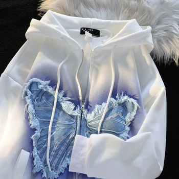 Толстовка с капюшоном в стиле пэчворк с бабочками на молнии, женская одежда для отдыха и простоты, уличный бренд, толстовки с капюшоном Y2k