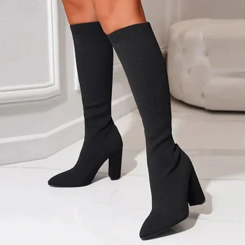 Уютные сапоги до колена из эластичной трикотажной ткани, женские ботинки на квадратном каблуке, осенне-зимние носки, длинные пинетки, мягкие теплые женские ботинки с носком