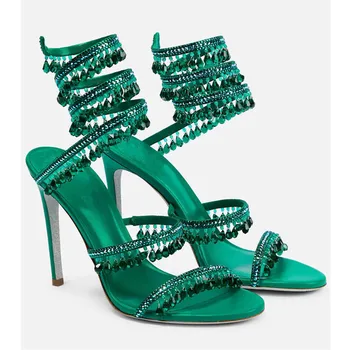 Хрустальные босоножки со змеиными ремешками, украшенные стразами, женские зеленые фиолетовые туфли-лодочки на высоком каблуке с открытым носком, украшенные стразами, вечерние туфли-лодочки