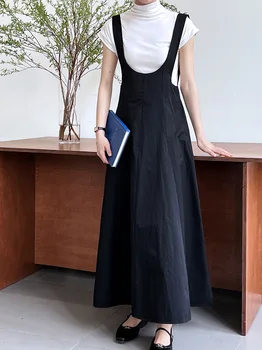 Черное женское платье на подтяжках с глубоким U-образным вырезом, многослойное платье макси без рукавов в корейском стиле свободного кроя, доходящее до щиколоток.