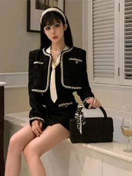 Элегантный женский комплект из 2 предметов, сексуальное мини-платье на бретельках + винтажный черный костюм, короткая куртка, весенняя вечеринка, Корейские шикарные наряды
