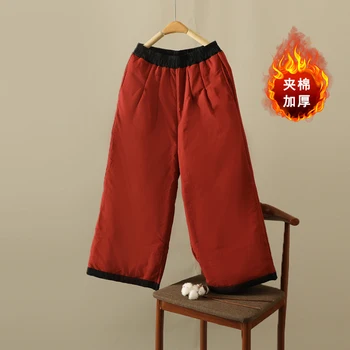 Этнический народный стиль Контрастные цветные брюки с хлопковой подкладкой в стиле пэчворк Женская зимняя мода Эластичный пояс Винтажные утепленные теплые брюки